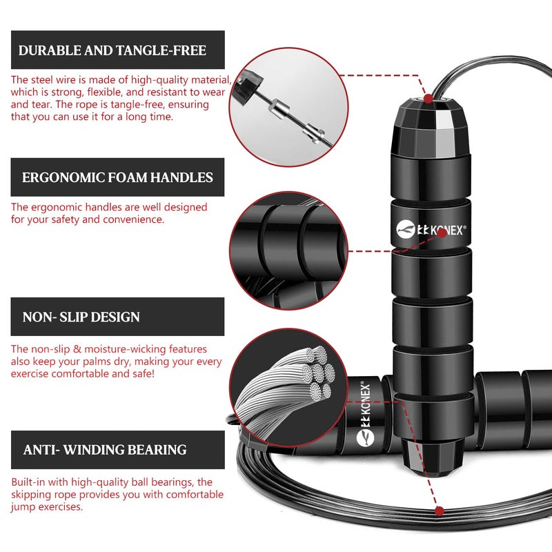 KONEX Adjustable Skipping Rope for Men & Women | Jumping Rope for Fitness, Home & Gym Workouts (Black) - Image 2
